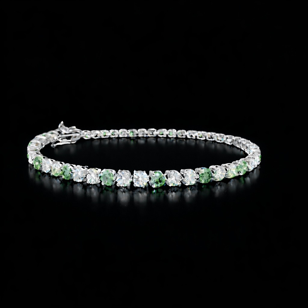 Green Round Diamond Tennis Bracelet in 14k White Gold