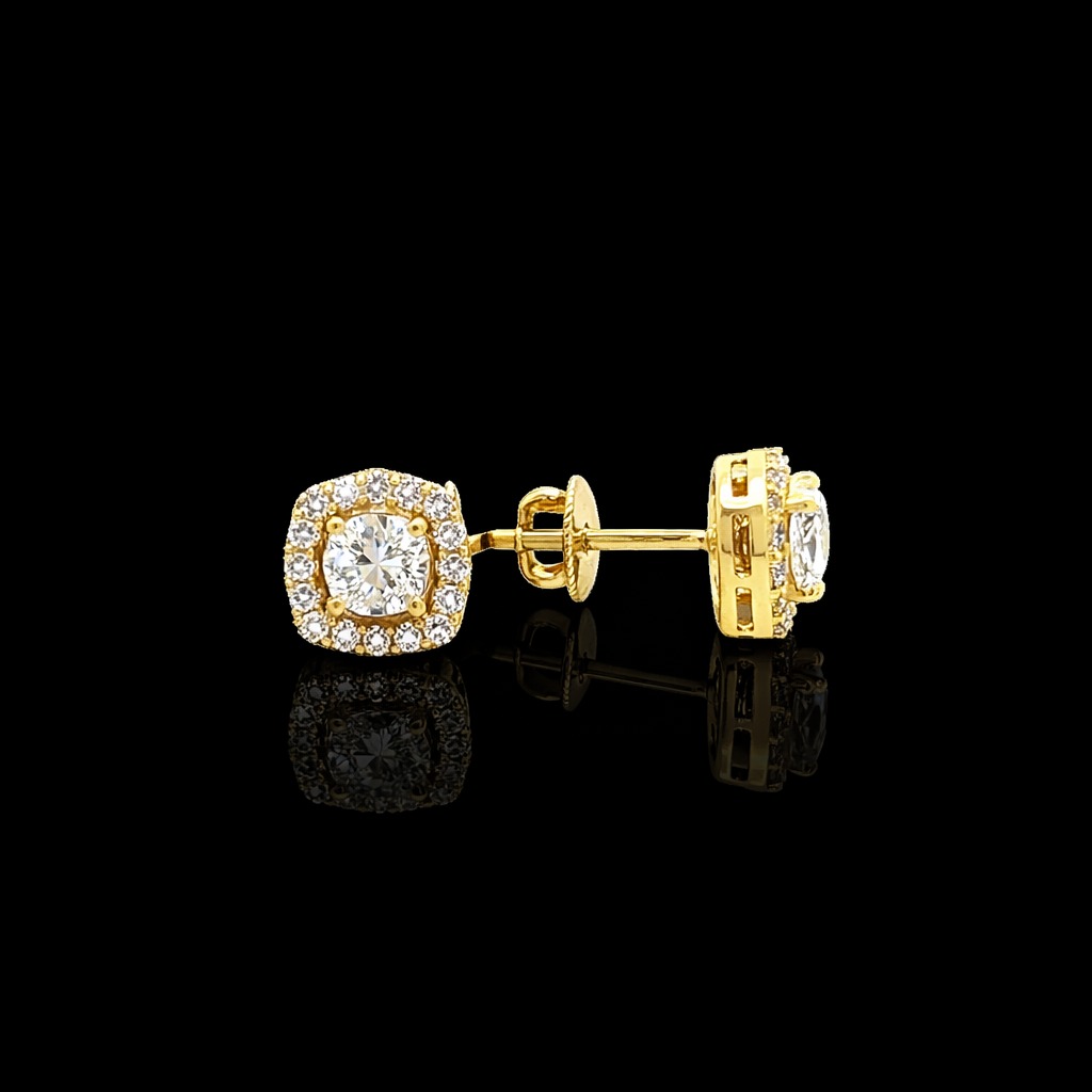 Cushion Cut Diamond Halo Earrings in 14k Yellow Gold