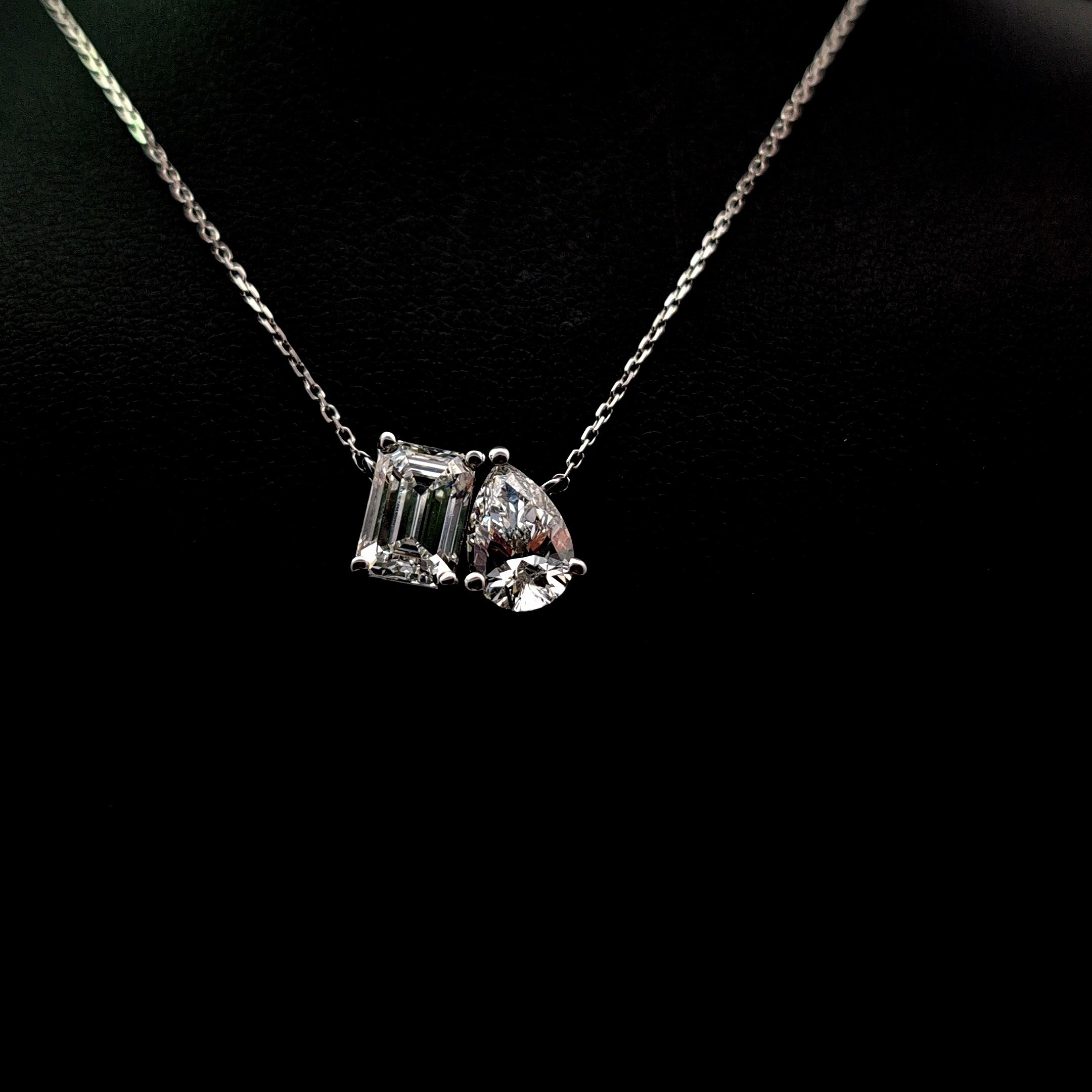 2.47ct Emerald Cut & Pear Diamond Necklace in 14k White Gold