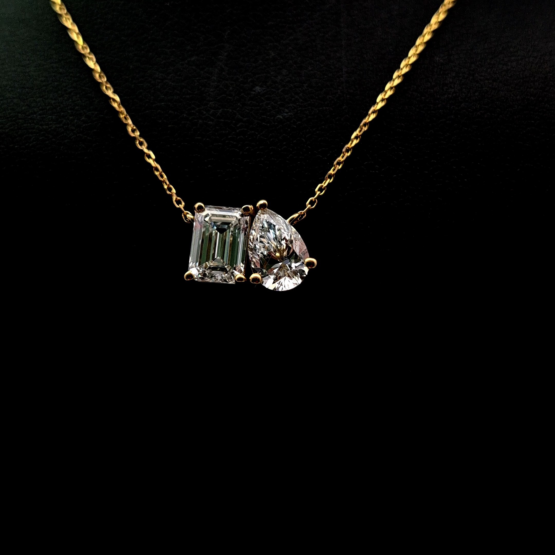 2.48ct Emerald Cut & Pear Diamond Necklace in 14k Yellow Gold