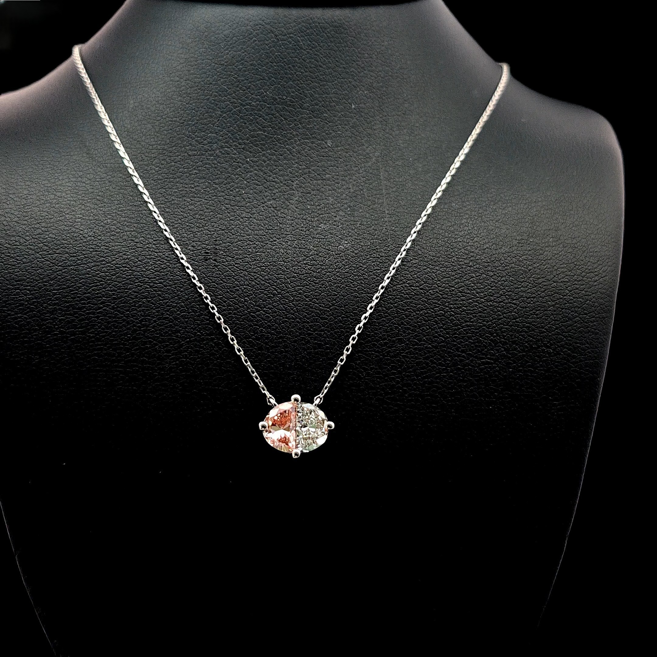 Pink Half moon Diamond Solitaire Necklace in 14k White Gold
