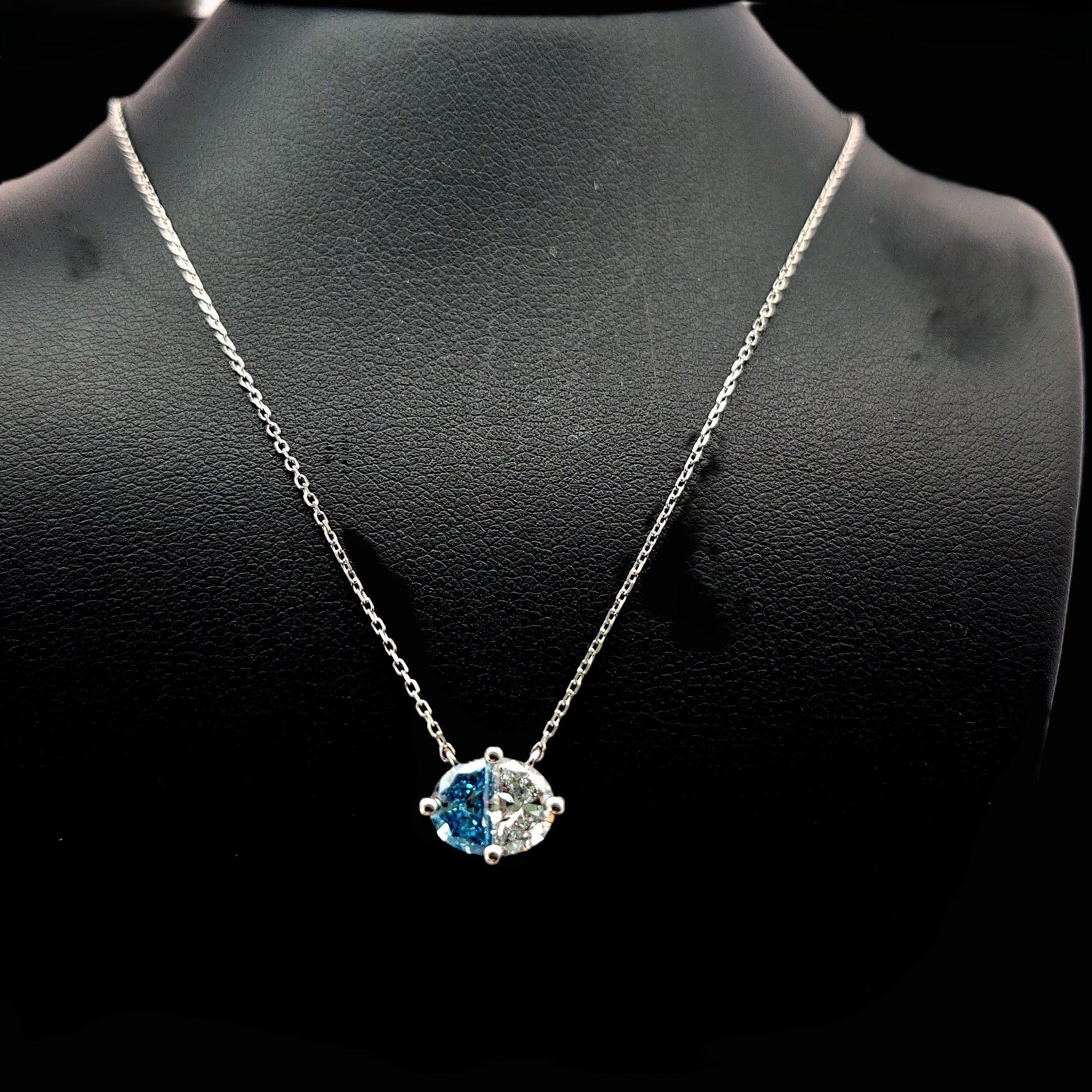 Blue Half moon Diamond Solitaire Necklace in 14k White Gold