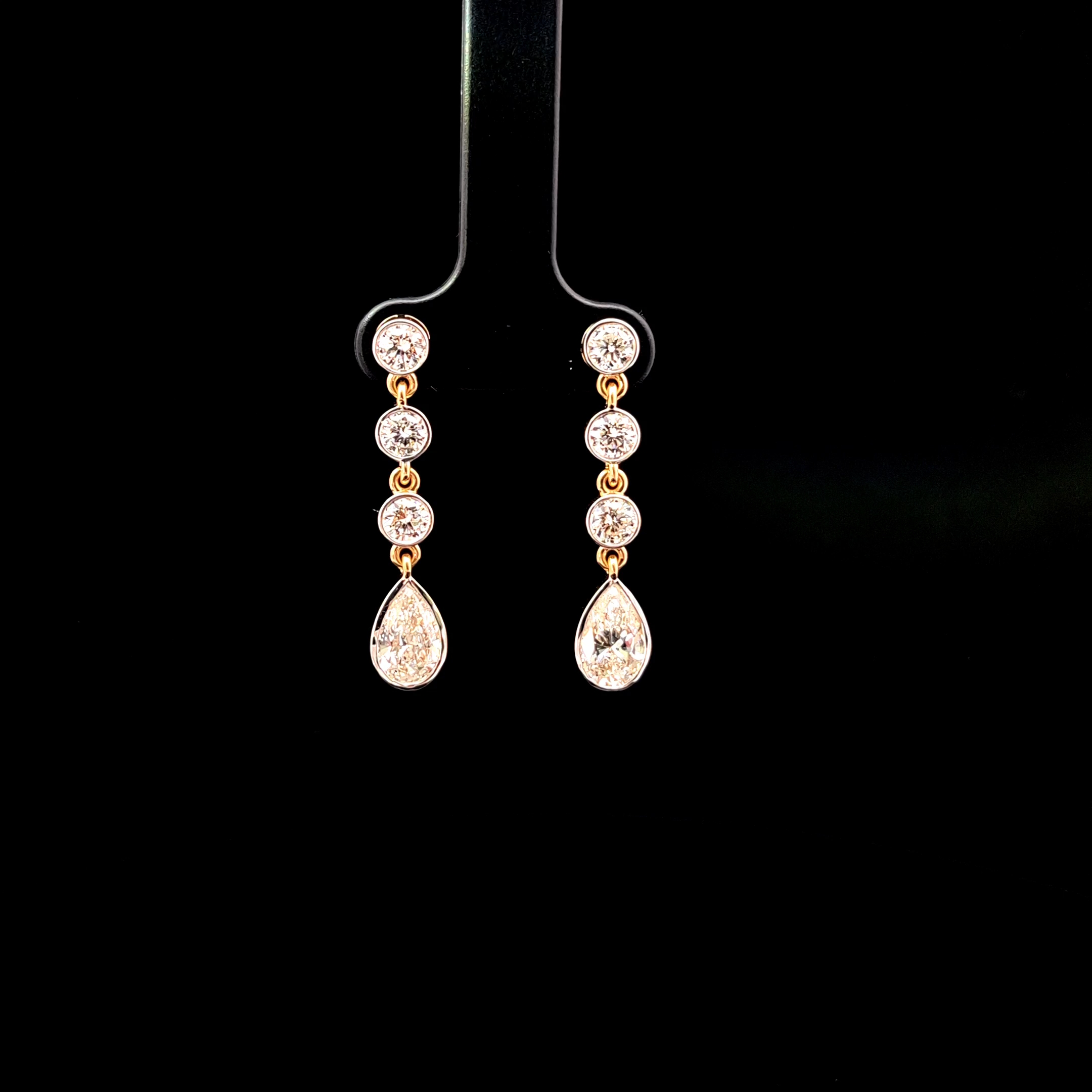 3.00ct Round & Pear Diamond Drop Earrings in 14k Yellow Gold