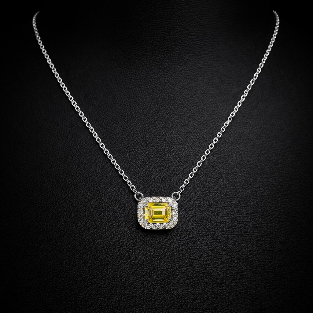 Yellow Emerald Cut & Round Diamond Halo Necklace in 14k White Gold