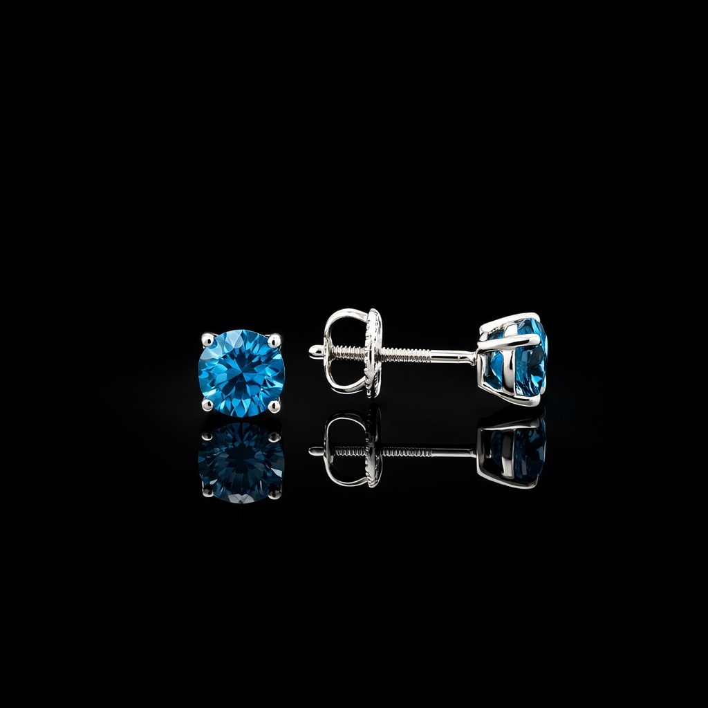 Blue Round Diamond Martini Stud Earrings in 14k White Gold