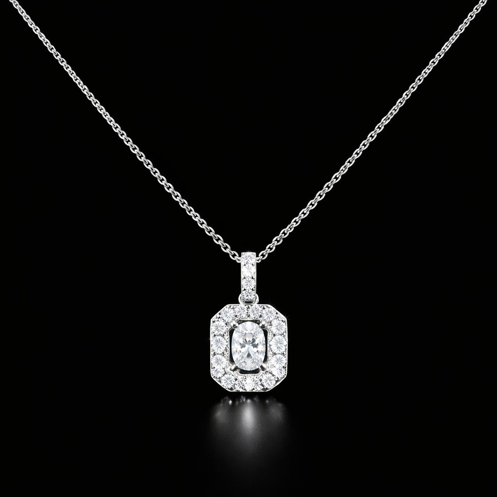 Oval & Round Diamond Halo Necklace in 14k White Gold