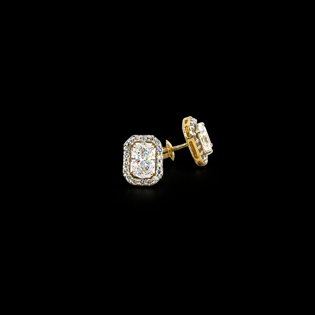 Oval & Round Diamond Halo Earrings in 14k Yellow Gold
