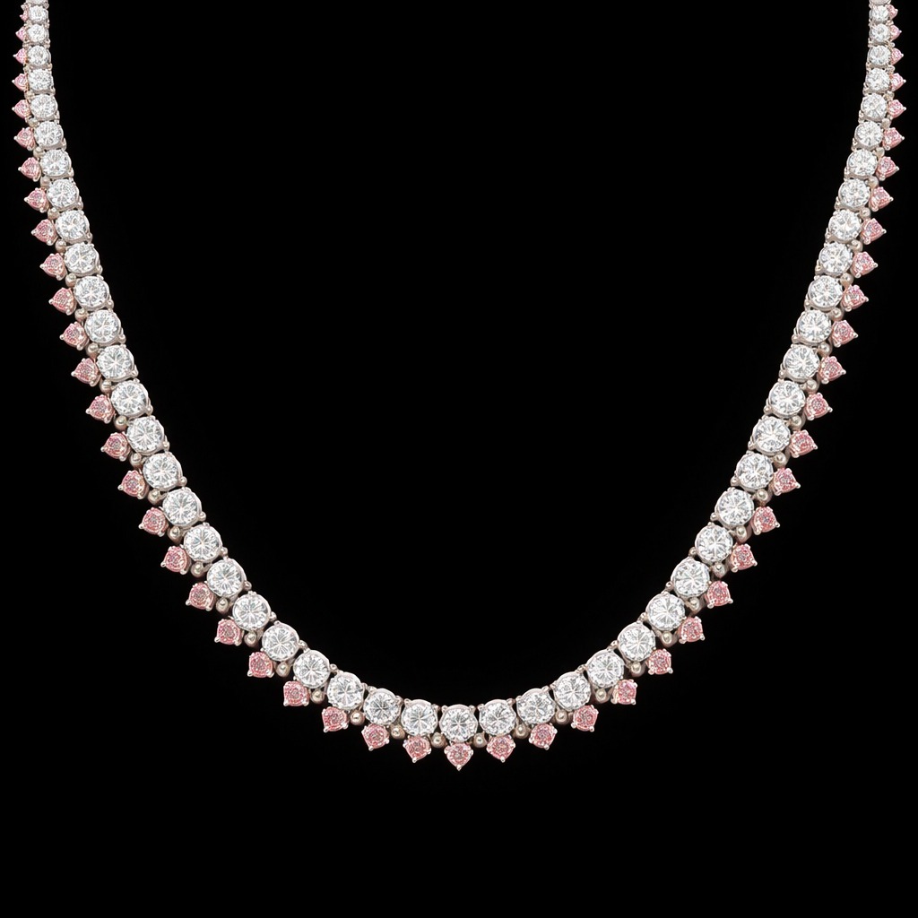Pink Round Diamond Tennis Necklace in 14k White Gold
