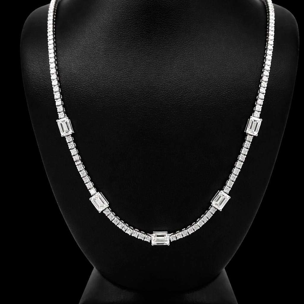 Emerald Cut & Round Diamond Tennis Necklace in 14k White Gold