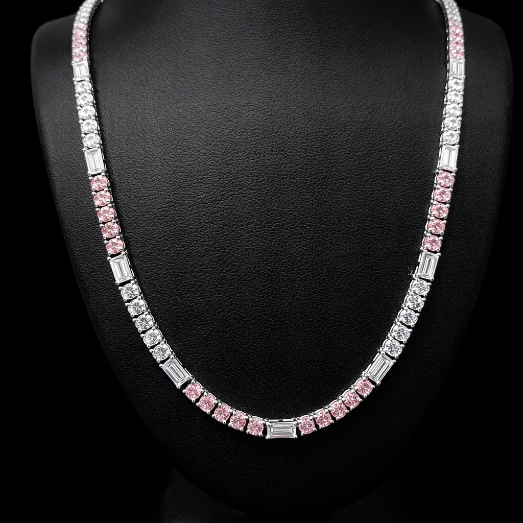 Baguette/Round Tennis Necklace 10.89 carat Baguette/Round lab-grown diamond EFG/PINK color VS2 clarity stock TJ6335NCW