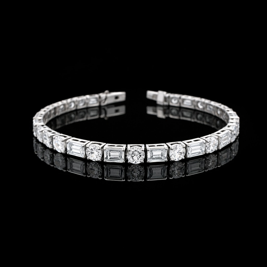 Round & Emerald Diamond Tennis Bracelet in 14k White Gold