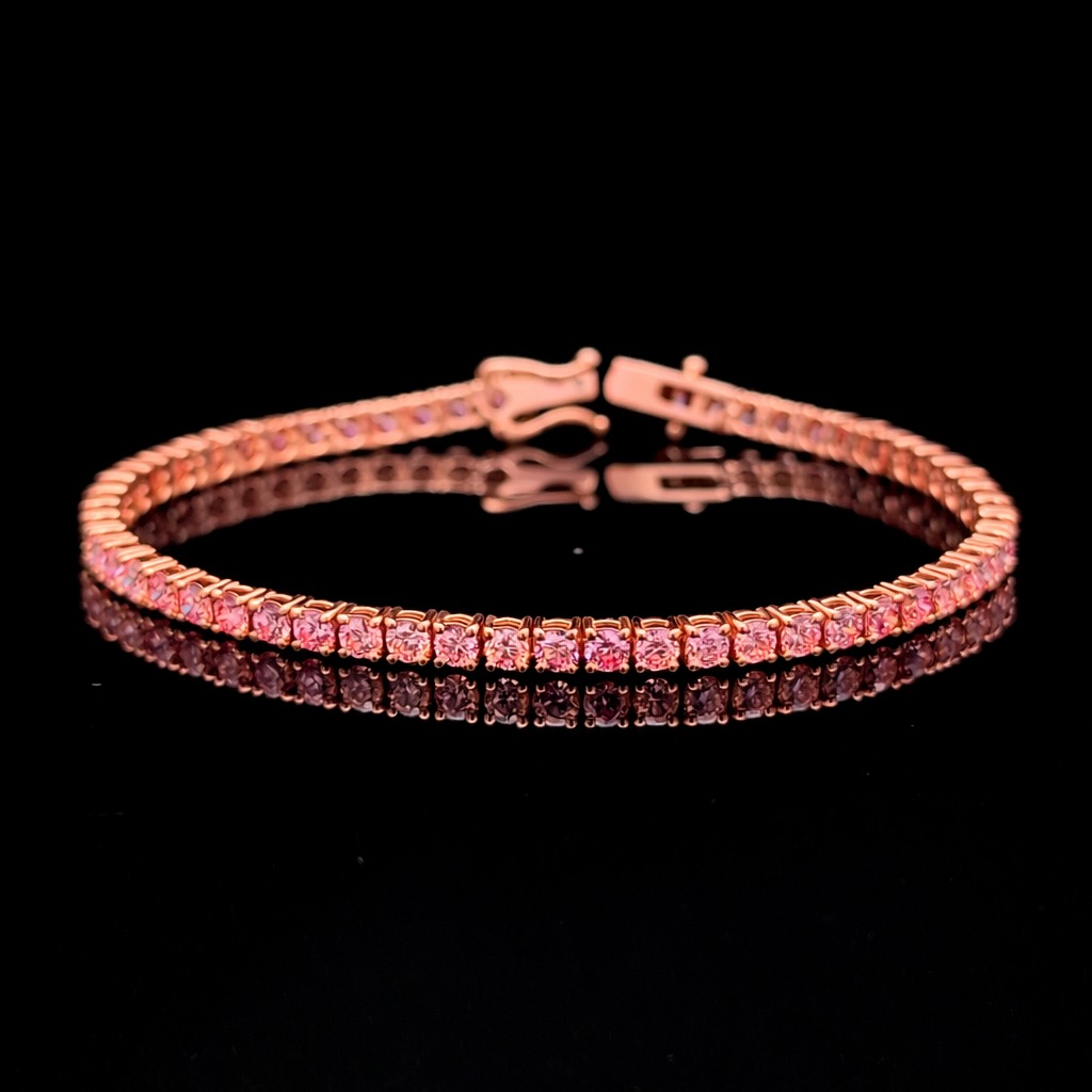 Intense Pink Round Diamond Tennis Bracelet in 14k Rose Gold