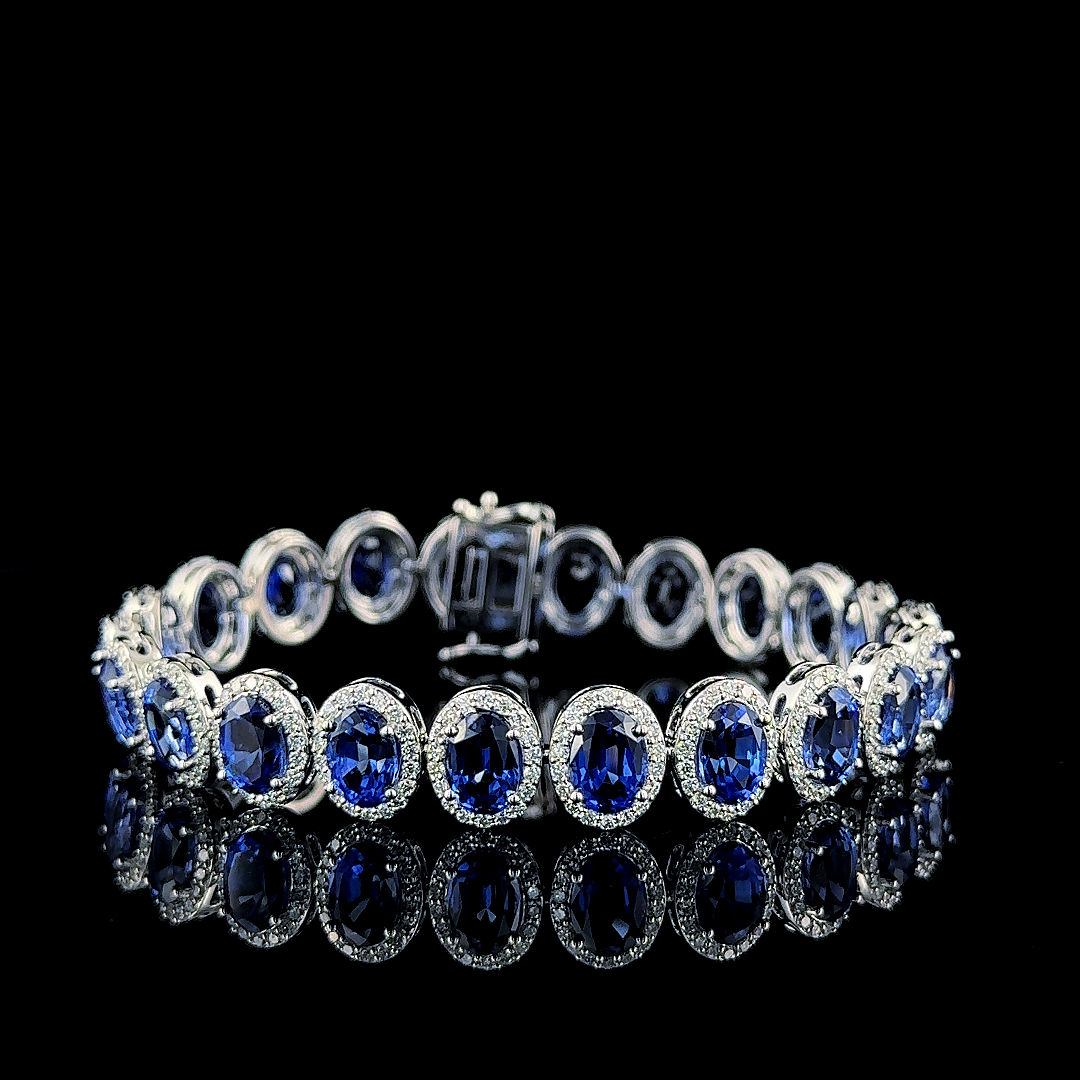 30.47ct Blue Oval & Round Diamond Bracelet in 14k White Gold