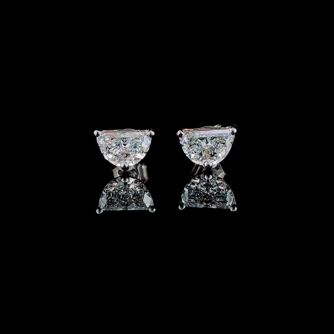 Half moon Diamond Basket Stud Earrings in 14k White Gold