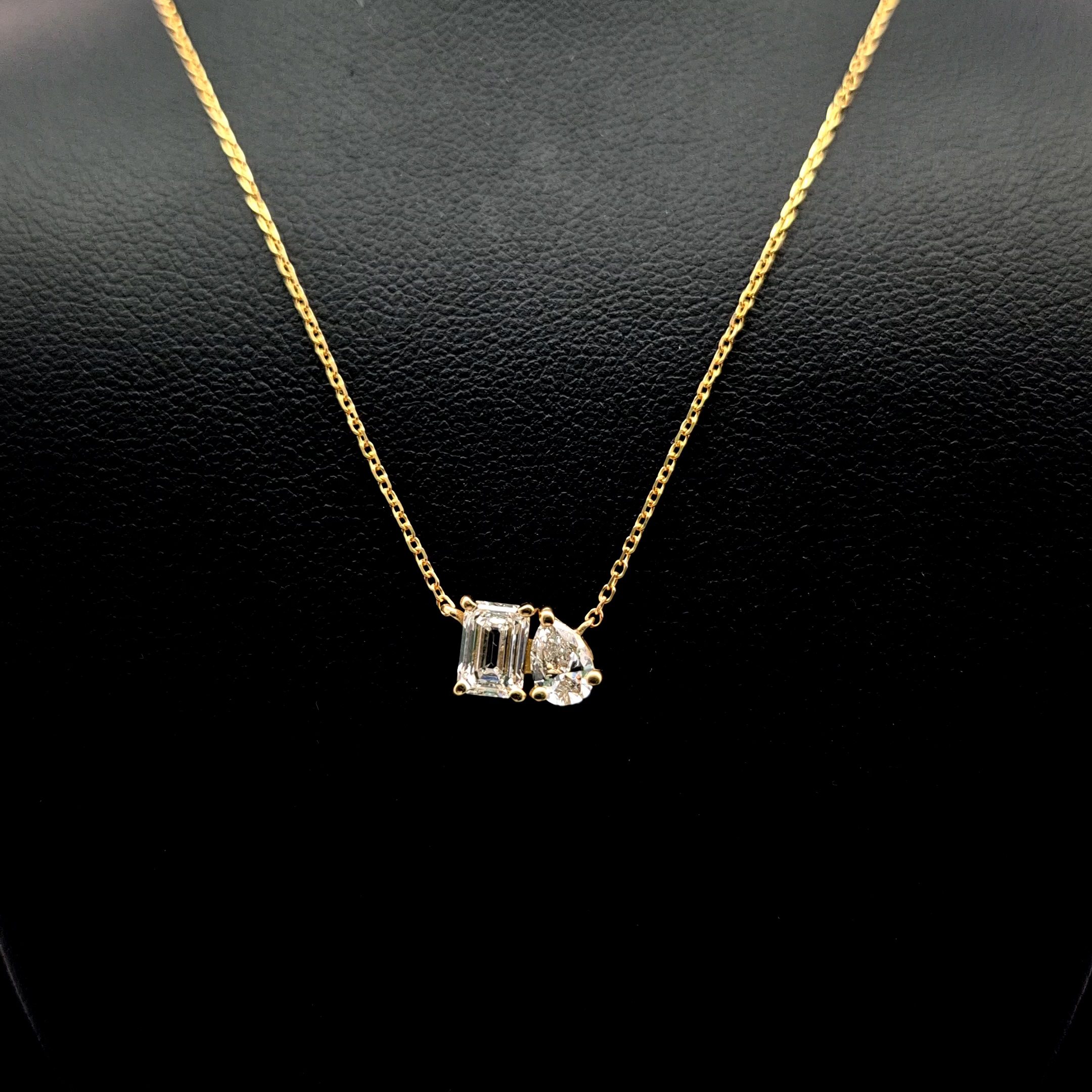 0.98ct Emerald Cut & Pear Diamond Necklace in 14k Yellow Gold